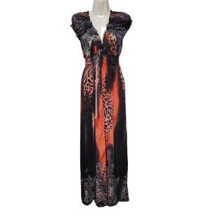 ORANGE and Black Short Sleeve Ruched Stretchy V Neck Summer Maxi Long Dress